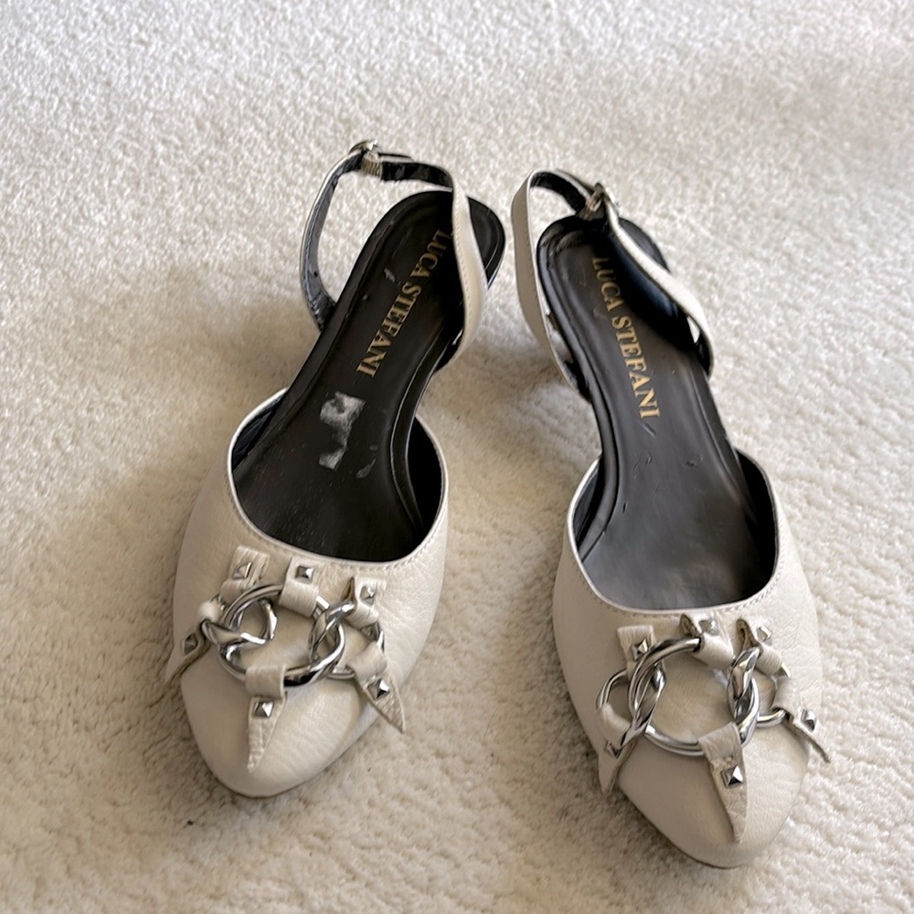 Luca Stefani women neutral white leather metal decoration pointed toe shoes 9US